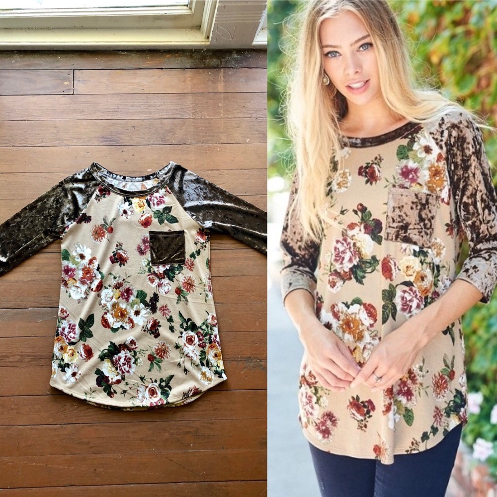 Taupe 3/4 Sleeve Floral Velvet Raglan